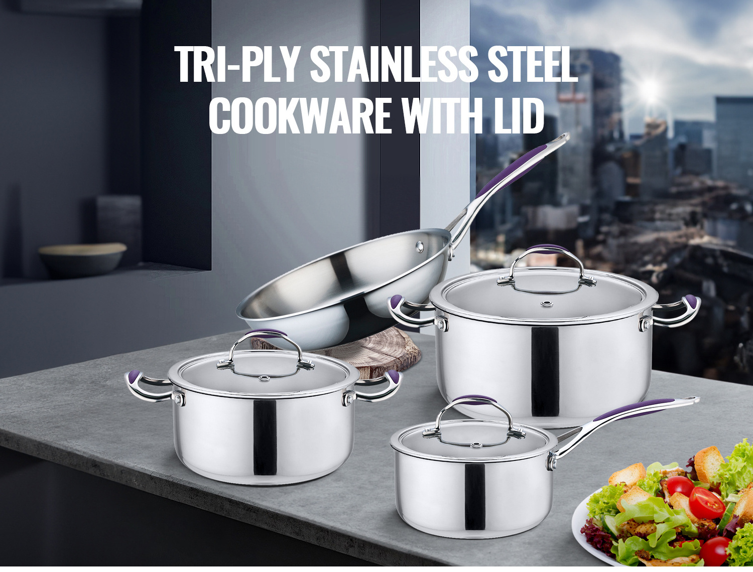 Triply Stainless Steel Cooking Pots And Pans Cookware Set Kitchen Cooking Pot Set With Glass Lid