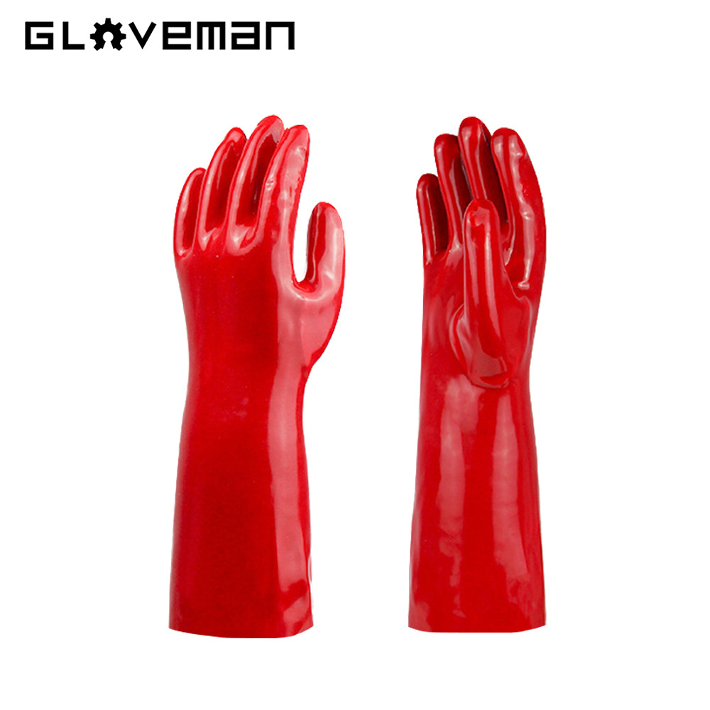 GLOVEMAN 35/40/45cm oil acid alkali chemical resistant industrial safety work rubber Long sleeve red PVC coated waterproof glove