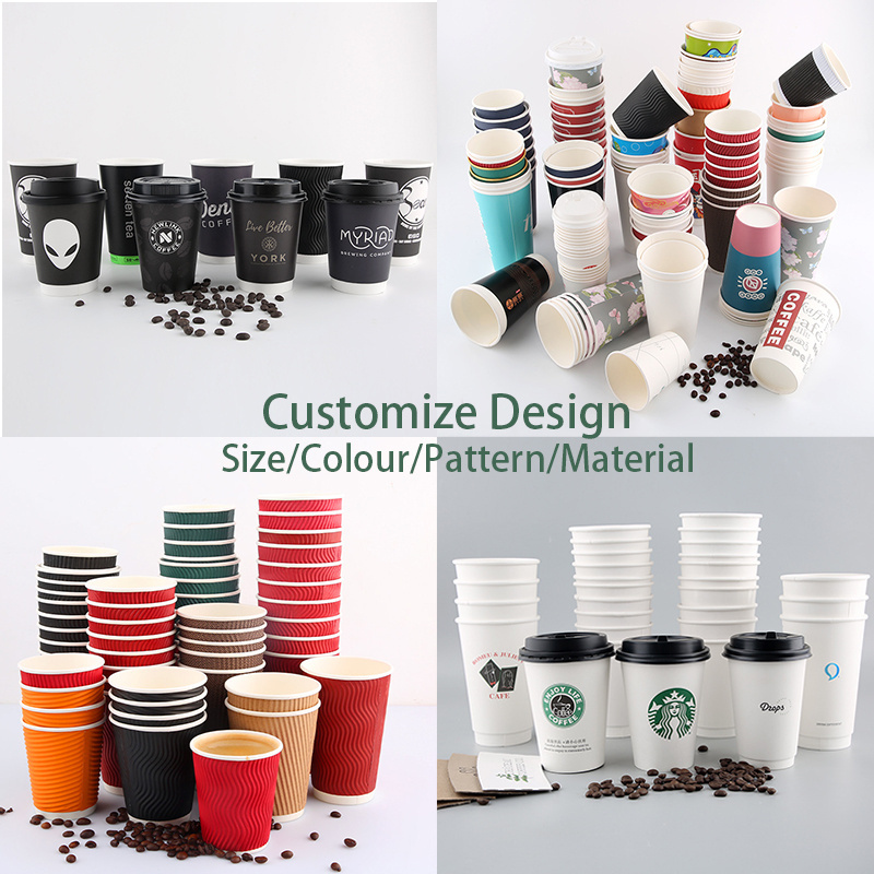 custom 12oz coffee drink tea takeaway compostable double cups logo custom with lid white ripple paper single eco cup paper