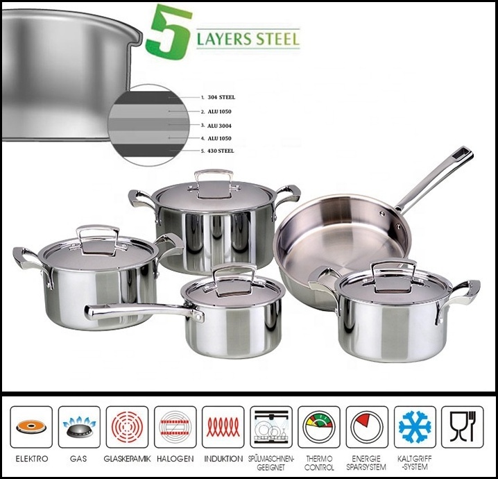 Cheap authentic kitchen cookware 9pcs stainless steel cooking pot set for household commercial gifts