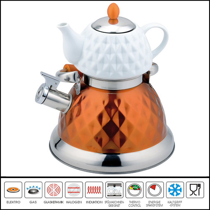 Multifunctional induction bottom stainless steel double layer ceramic whistle kettle for home kitchen