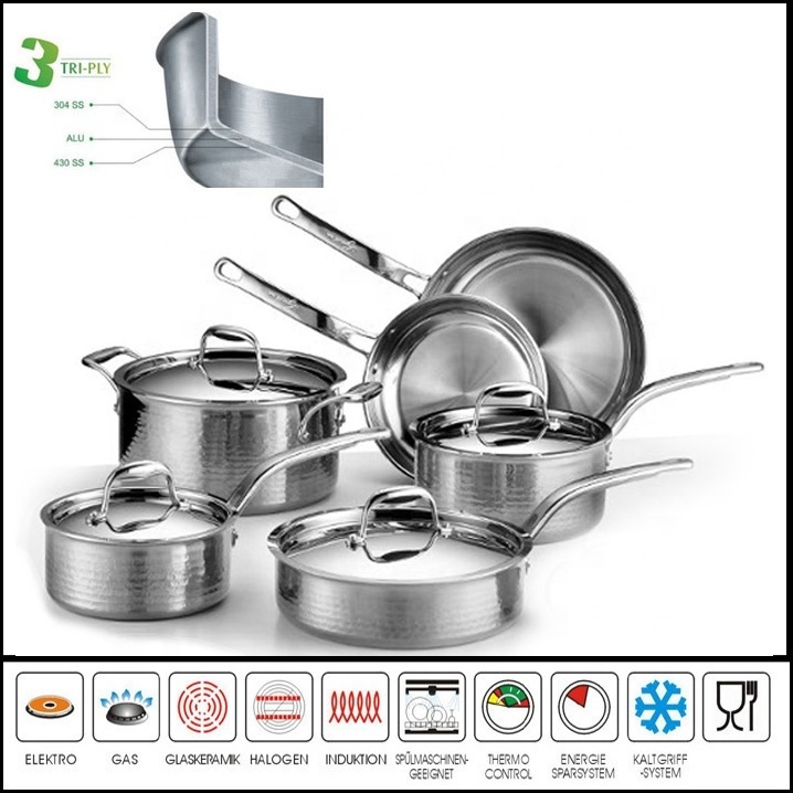 3Ply hammered stainless steel cookware set 10pcs cooking pot set with steel lid for Home Kitchen Cooking