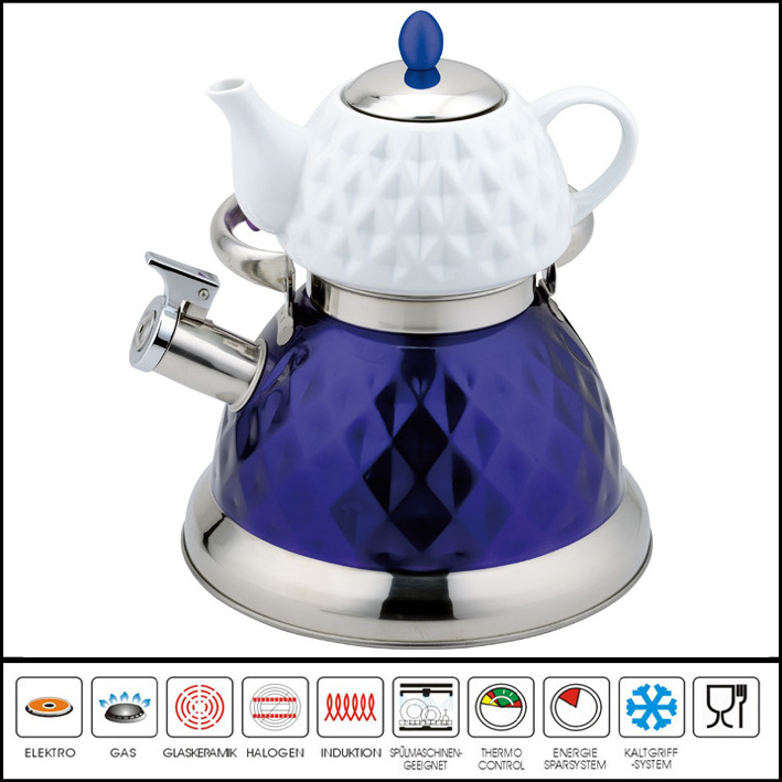 Multifunctional induction bottom stainless steel double layer ceramic whistle kettle for home kitchen