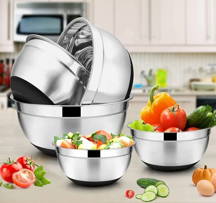 Wholesale price colored multifunctional non-slip silicone with lid 304 stainless steel salad mixing bowl for home kitchen