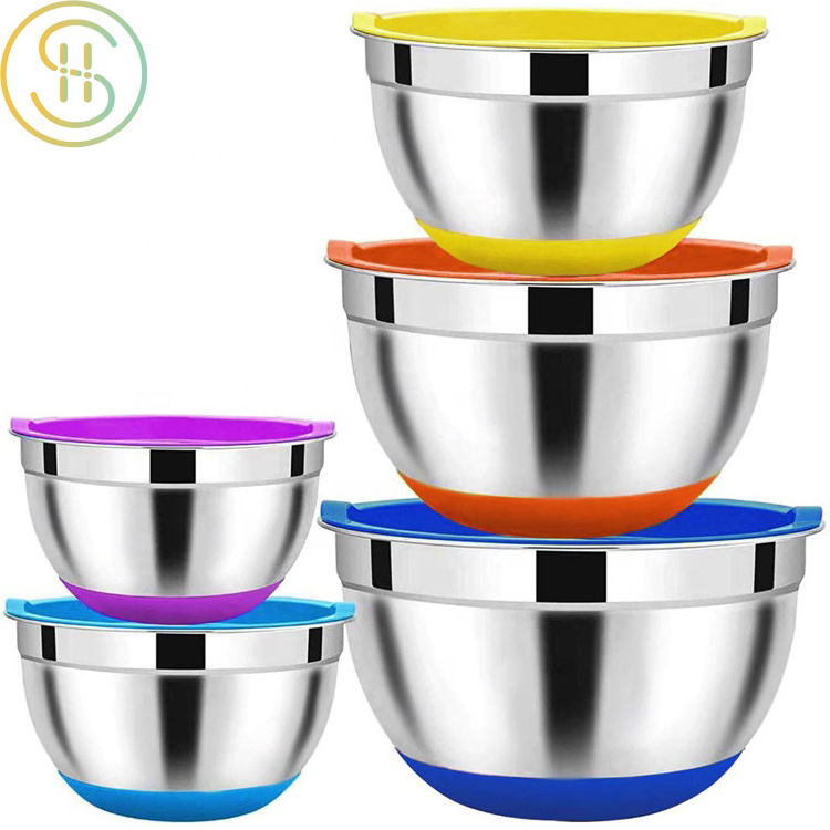 Wholesale price colored multifunctional non-slip silicone with lid 304 stainless steel salad mixing bowl for home kitchen