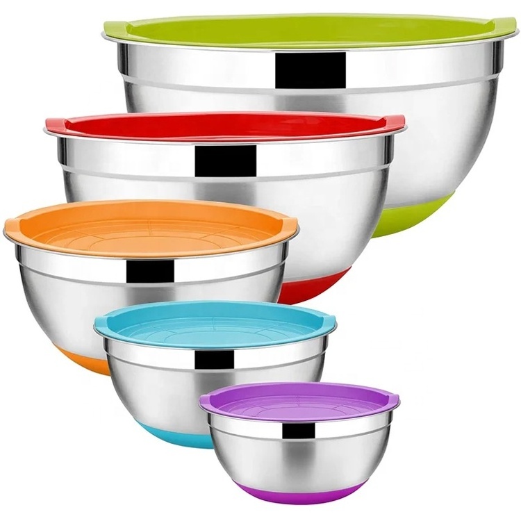 Wholesale price colored multifunctional non-slip silicone with lid 304 stainless steel salad mixing bowl for home kitchen