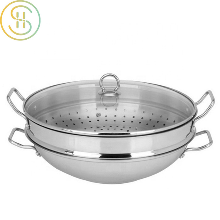 Wok with Steamer 3 Ply Stainless Steel WOKS Glass Cover Glass Lid Non-coating 304+alu.+430