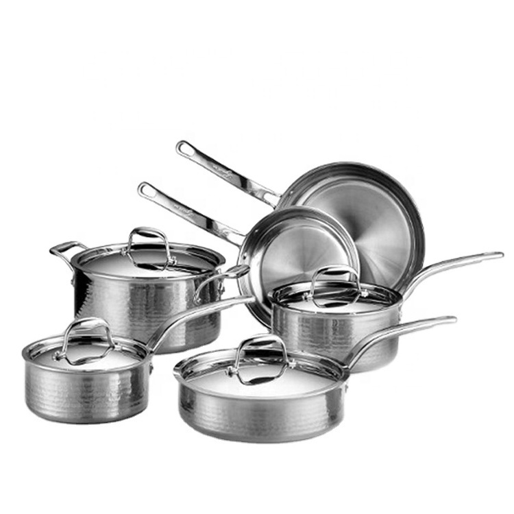 3Ply hammered stainless steel cookware set 10pcs cooking pot set with steel lid for Home Kitchen Cooking