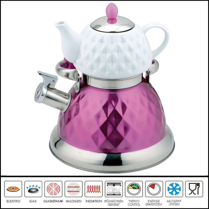 Multifunctional induction bottom stainless steel double layer ceramic whistle kettle for home kitchen