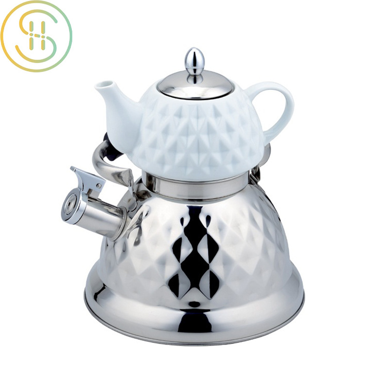 Multifunctional induction bottom stainless steel double layer ceramic whistle kettle for home kitchen