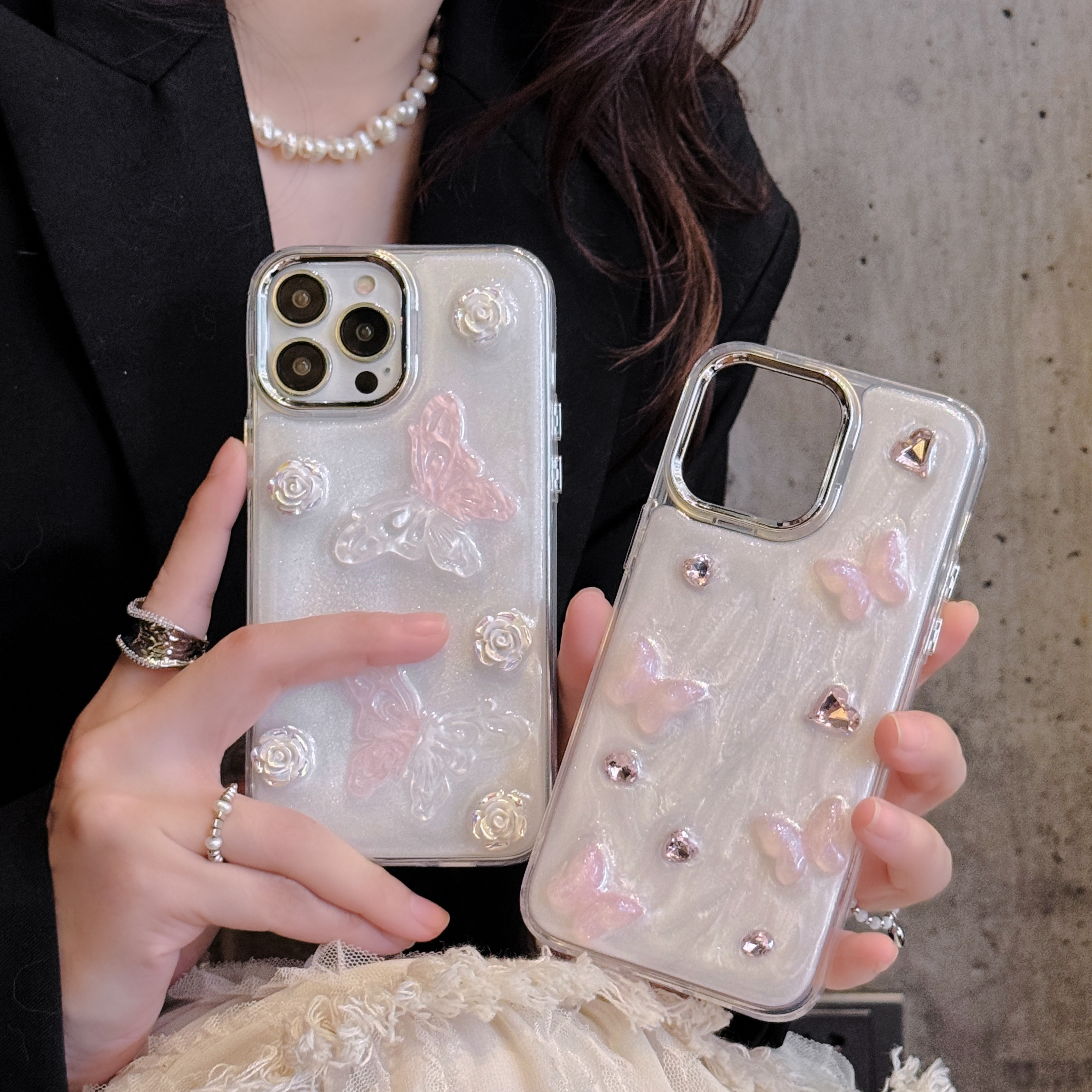 epoxy resin phone case ins 3D diamond bling cases for iphone 15 fashion Silver Glitter Glue Butterfly phone cases for iphone