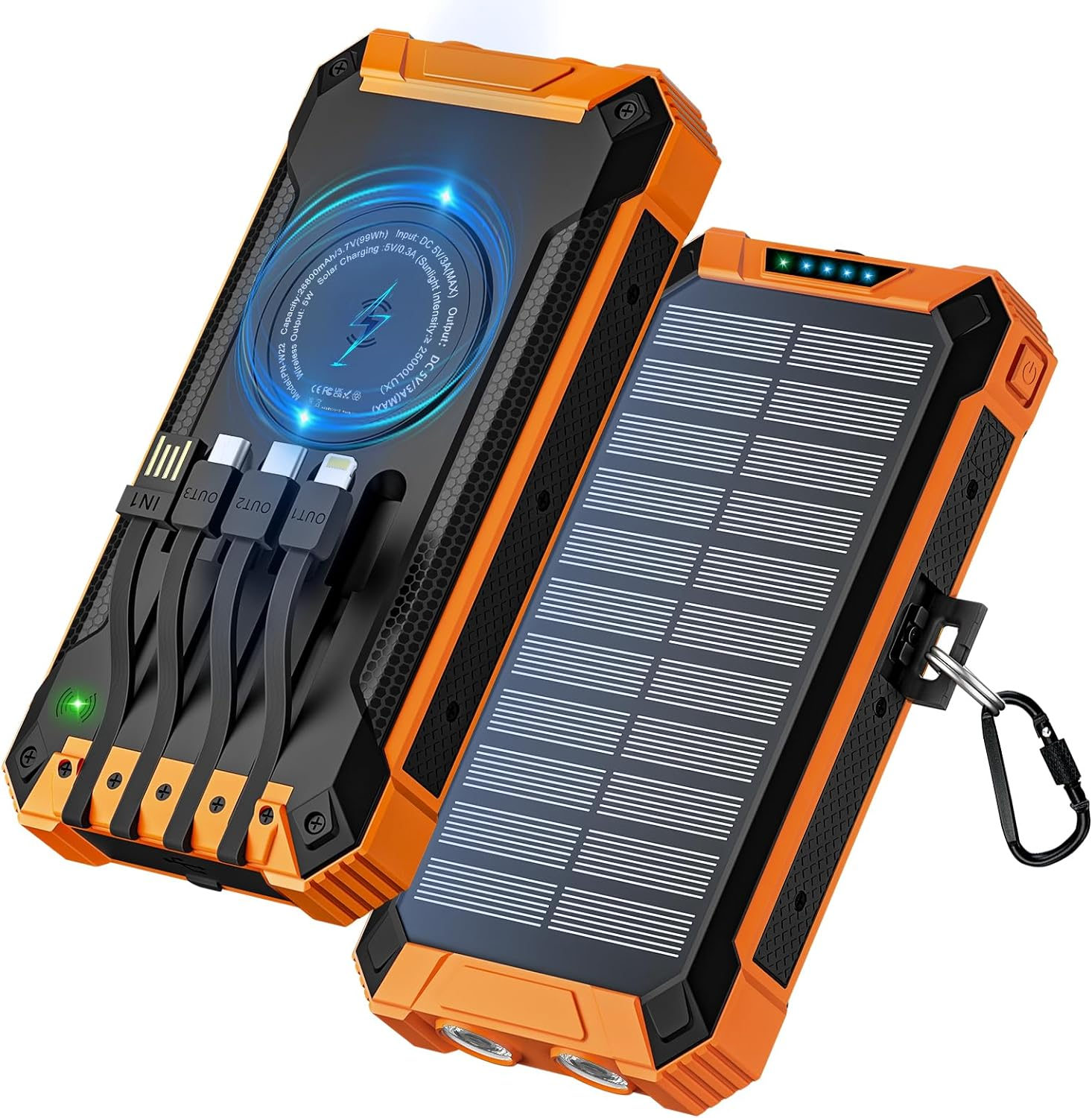 Solar Power Bank 26800mAh, 4 cables, wireless solar 6 output 3 input, fast charging USB C 15W built-in camping flashlight