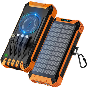 Solar Power Bank 26800mAh, 4 cables, wireless solar 6 output 3 input, fast charging USB C 15W built-in camping flashlight