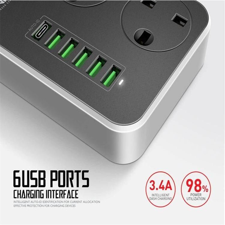 Power Strip with USB Port 3-Way Socket 6 USB Port Socket Power Socket with 2M Bold Extension Cord Surge Protector Plug