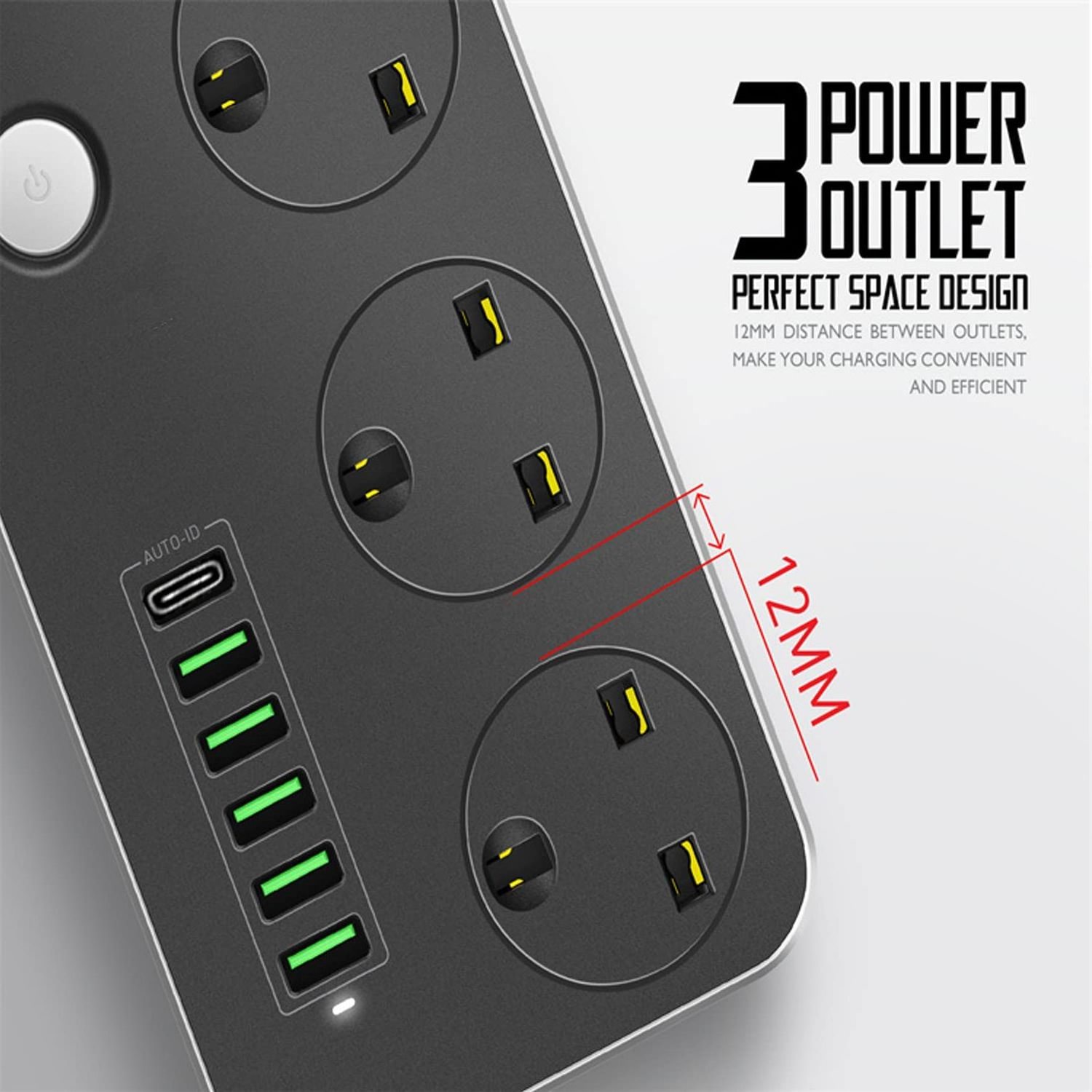 Power Strip with USB Port 3-Way Socket 6 USB Port Socket Power Socket with 2M Bold Extension Cord Surge Protector Plug