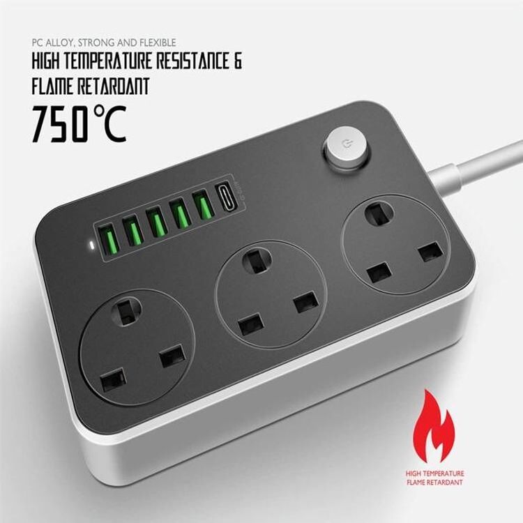 Power Strip with USB Port 3-Way Socket 6 USB Port Socket Power Socket with 2M Bold Extension Cord Surge Protector Plug