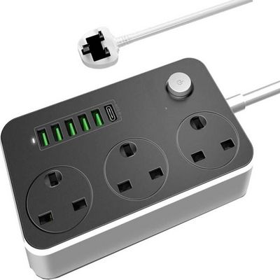 Power Strip with USB Port 3-Way Socket 6 USB Port Socket Power Socket with 2M Bold Extension Cord Surge Protector Plug