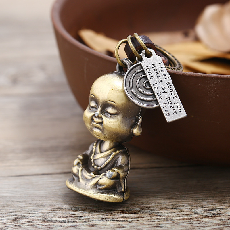 Skerwal Jewelry Buddha Statue KeyChain Gift Women Men Leather KeyRing Home Car Keys Holder Ladies Guardian Luck Present