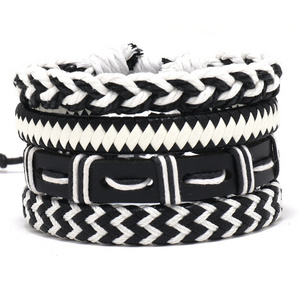 Skerwal Jewelry 4Pcs Women Men Bracelet Set Black White Rope Braided Multi-Layer Bracelet Faux Leather Bangle