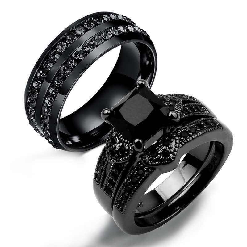 WDR012 Couple Ring Bridal Sets His Hers Women 18k Black Diamond Plated Cz Men Titanium Steel Wedding Engagement Ring Band Set