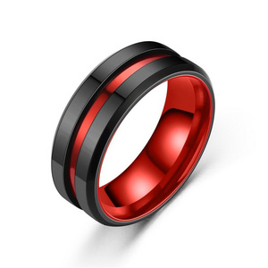 SSR059 Mens 8mm Black Tungsten Steel Rings Red Plated Grooved Center Matte Finish Wedding Band with Polished Beveled Edges