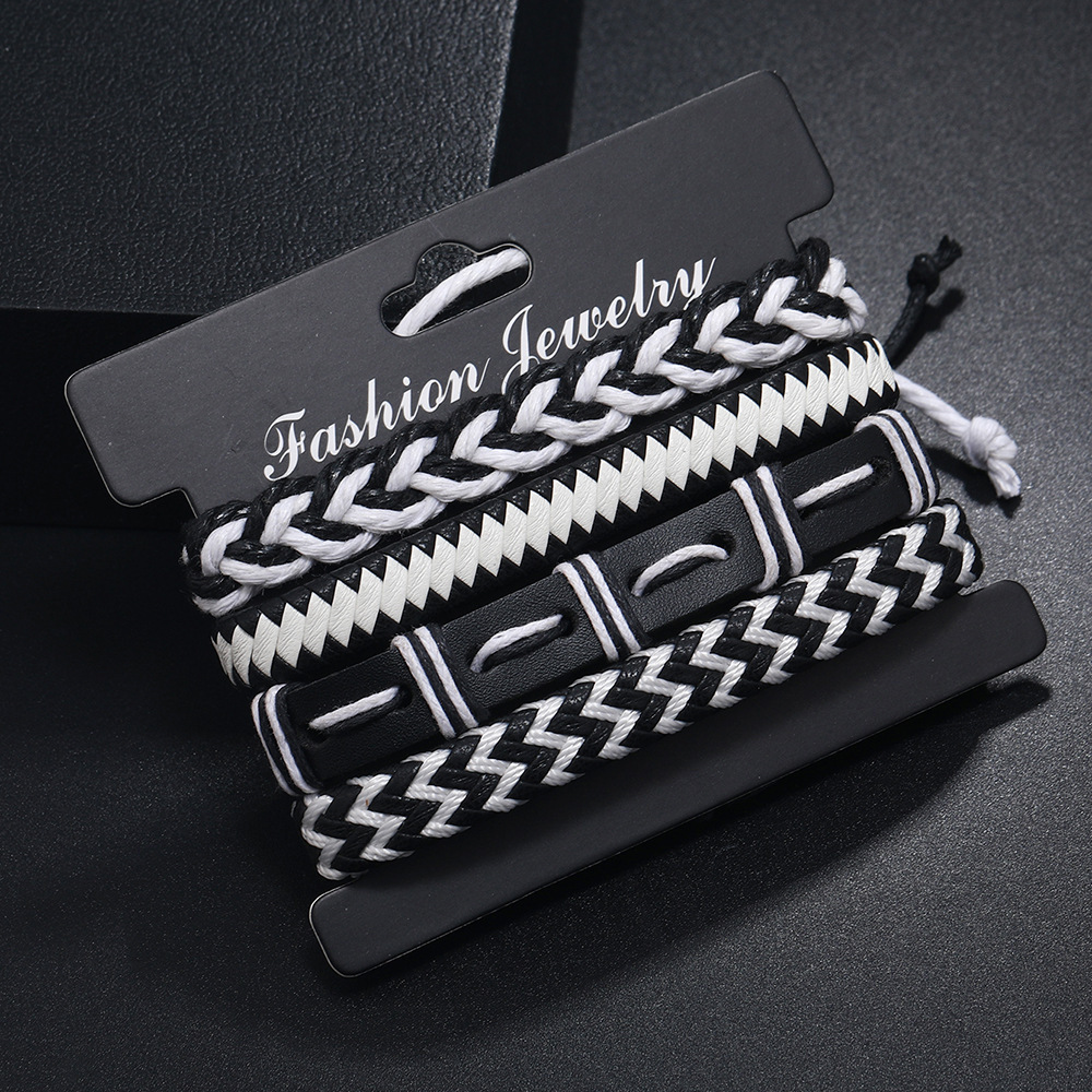 Skerwal Jewelry 4Pcs Women Men Bracelet Set Black White Rope Braided Multi-Layer Bracelet Faux Leather Bangle