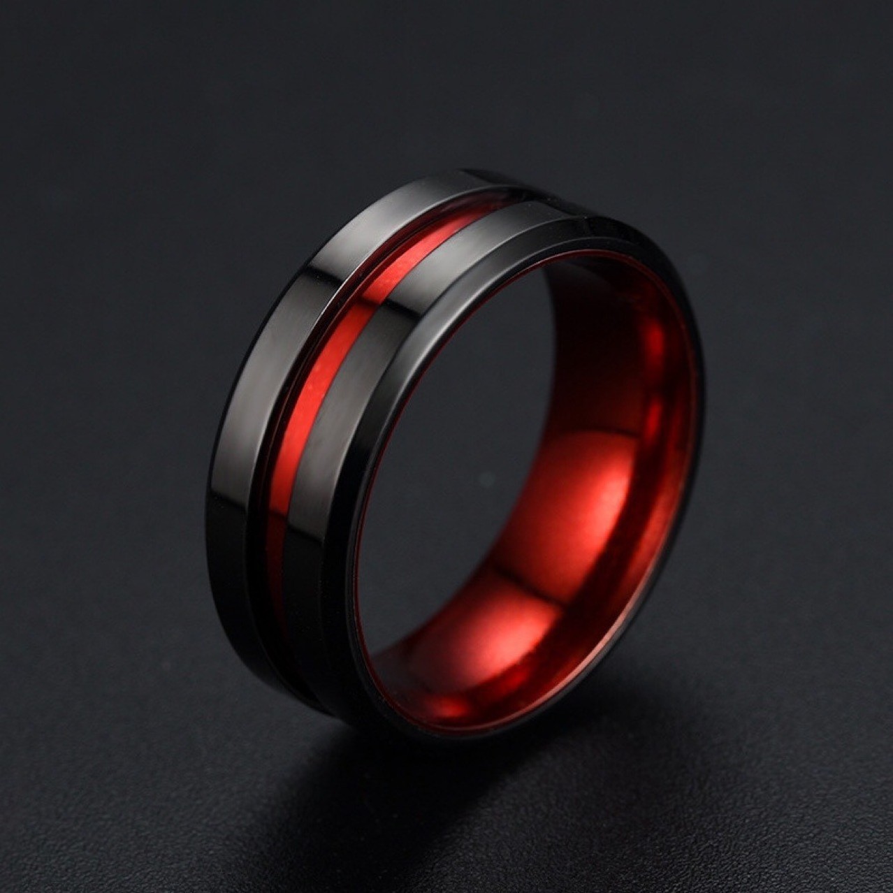 SSR059 Mens 8mm Black Tungsten Steel Rings Red Plated Grooved Center Matte Finish Wedding Band with Polished Beveled Edges