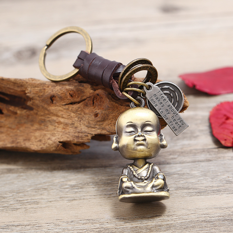 Skerwal Jewelry Buddha Statue KeyChain Gift Women Men Leather KeyRing Home Car Keys Holder Ladies Guardian Luck Present