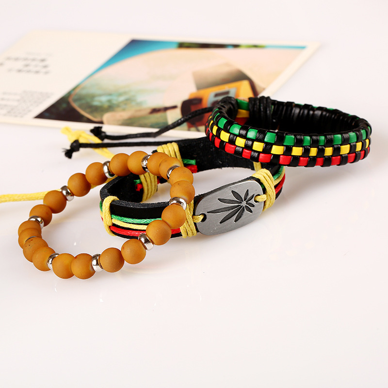 Skerwal Jewelry 3Pcs Handmade Leaf Leather Wrist Cuff Wrap Bracelet Adjustable Ghana Lithuania Flag Color Wristband Set