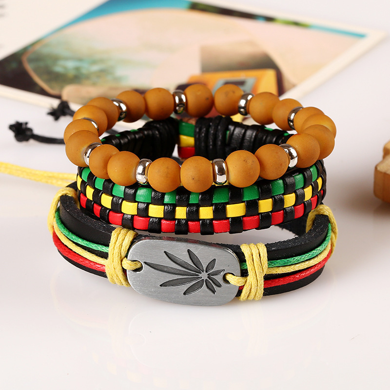 Skerwal Jewelry 3Pcs Handmade Leaf Leather Wrist Cuff Wrap Bracelet Adjustable Ghana Lithuania Flag Color Wristband Set