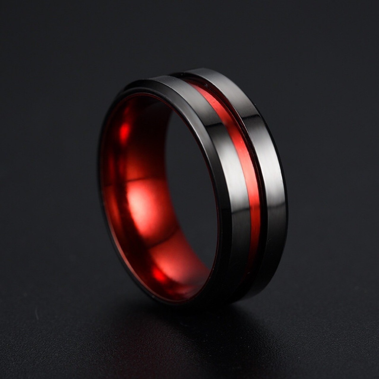 SSR059 Mens 8mm Black Tungsten Steel Rings Red Plated Grooved Center Matte Finish Wedding Band with Polished Beveled Edges