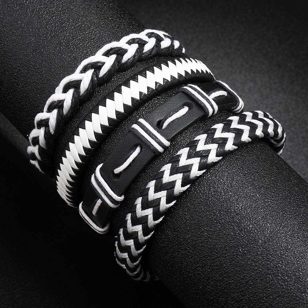 Skerwal Jewelry 4Pcs Women Men Bracelet Set Black White Rope Braided Multi-Layer Bracelet Faux Leather Bangle