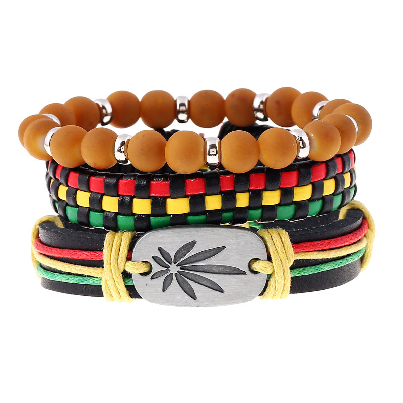 Skerwal Jewelry 3Pcs Handmade Leaf Leather Wrist Cuff Wrap Bracelet Adjustable Ghana Lithuania Flag Color Wristband Set