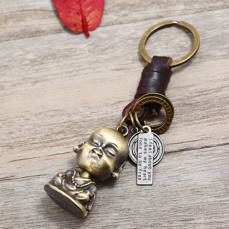 Skerwal Jewelry Buddha Statue KeyChain Gift Women Men Leather KeyRing Home Car Keys Holder Ladies Guardian Luck Present