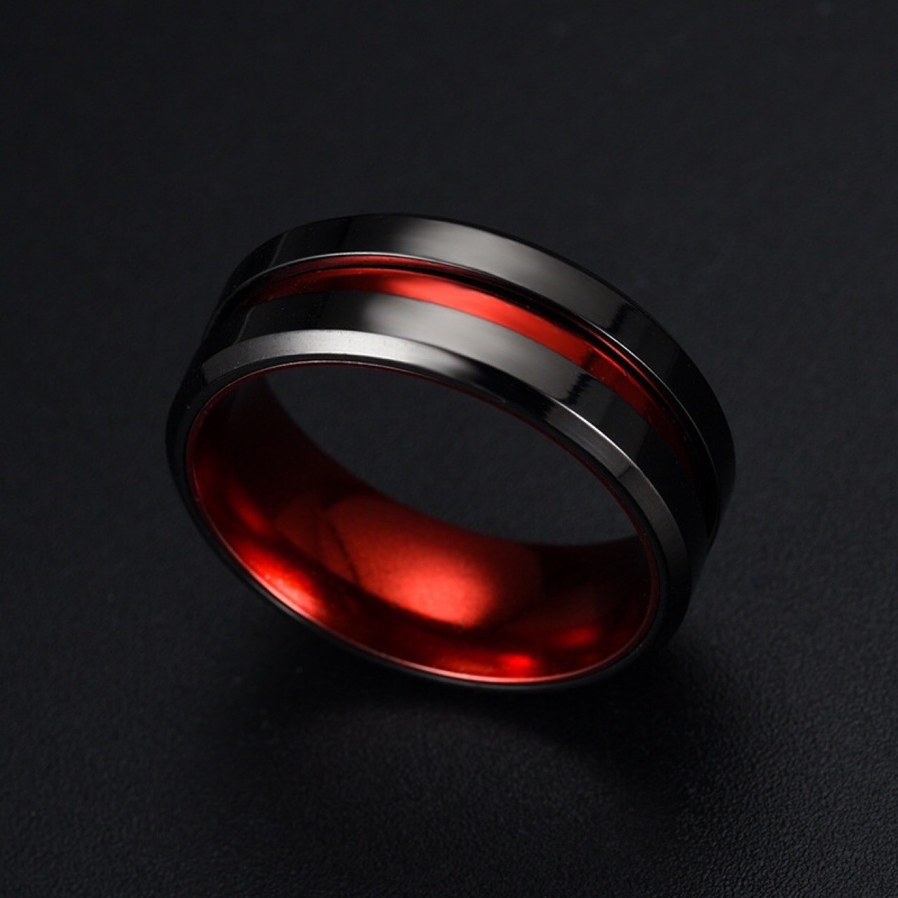 SSR059 Mens 8mm Black Tungsten Steel Rings Red Plated Grooved Center Matte Finish Wedding Band with Polished Beveled Edges