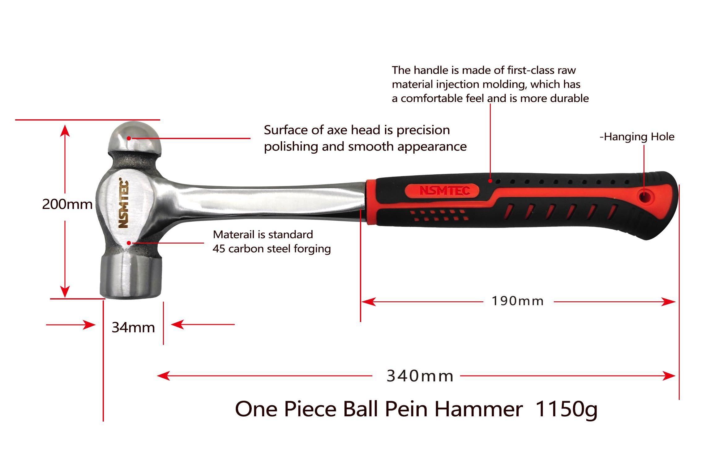 Damping Rubber Grip 1.5lb 45# Carbon Steel One Piece Forged Ball Pein Hammer