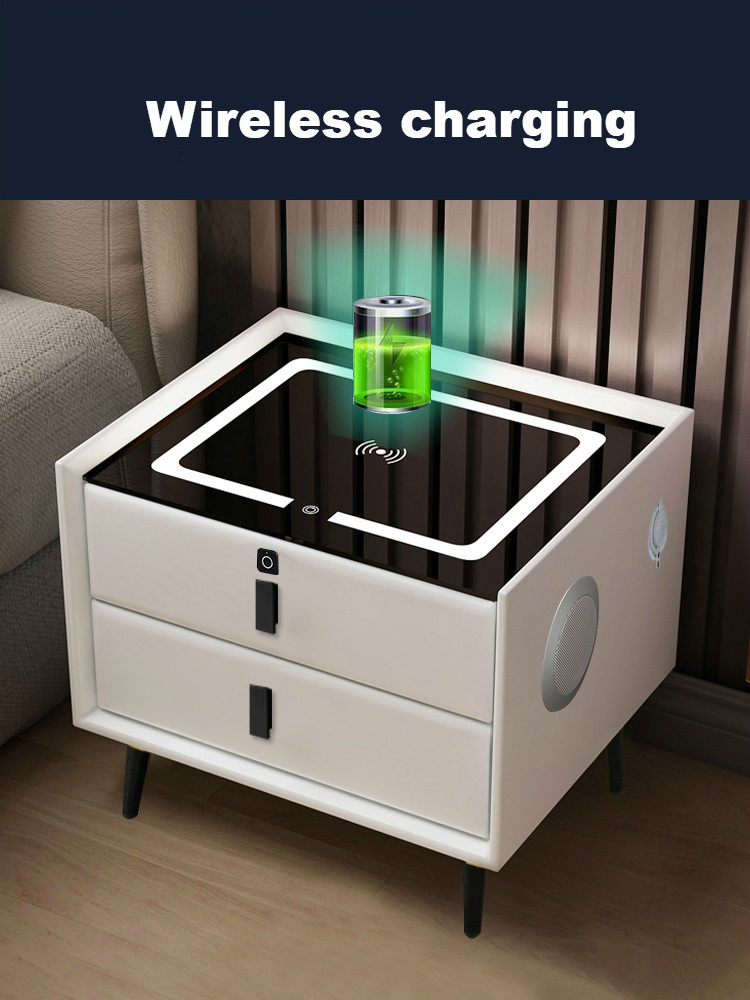 3 drawers smart nightstand bedroom furniture solid wood LED speaker white smart bedside table nightstands with wireless charging