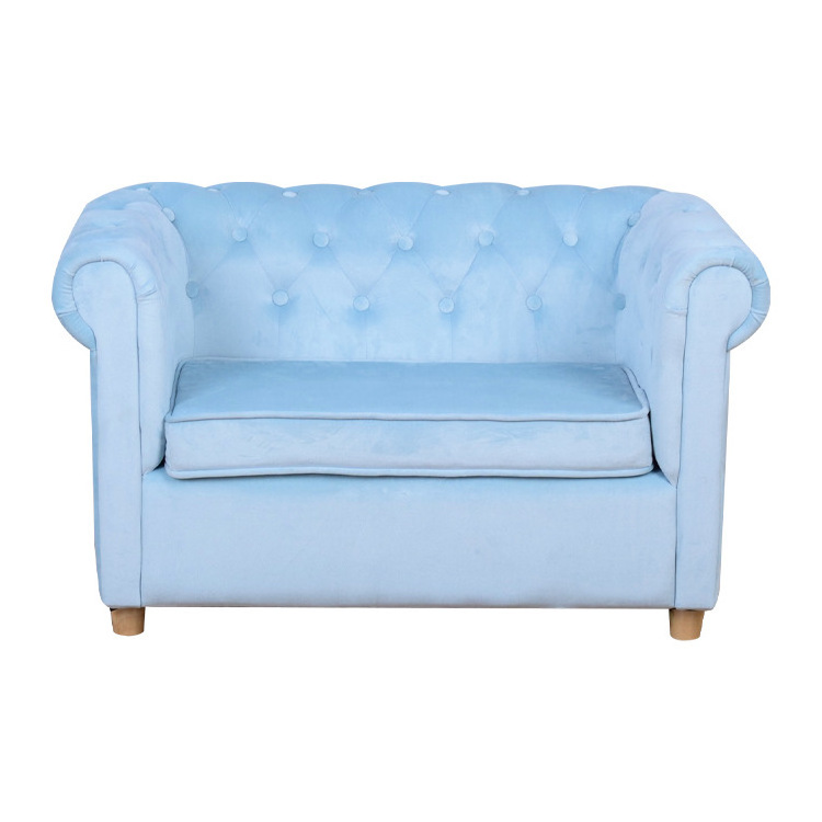 modern simple style blue wood frame foam two seats baby sofas couch furniture for bedroom preschool living room