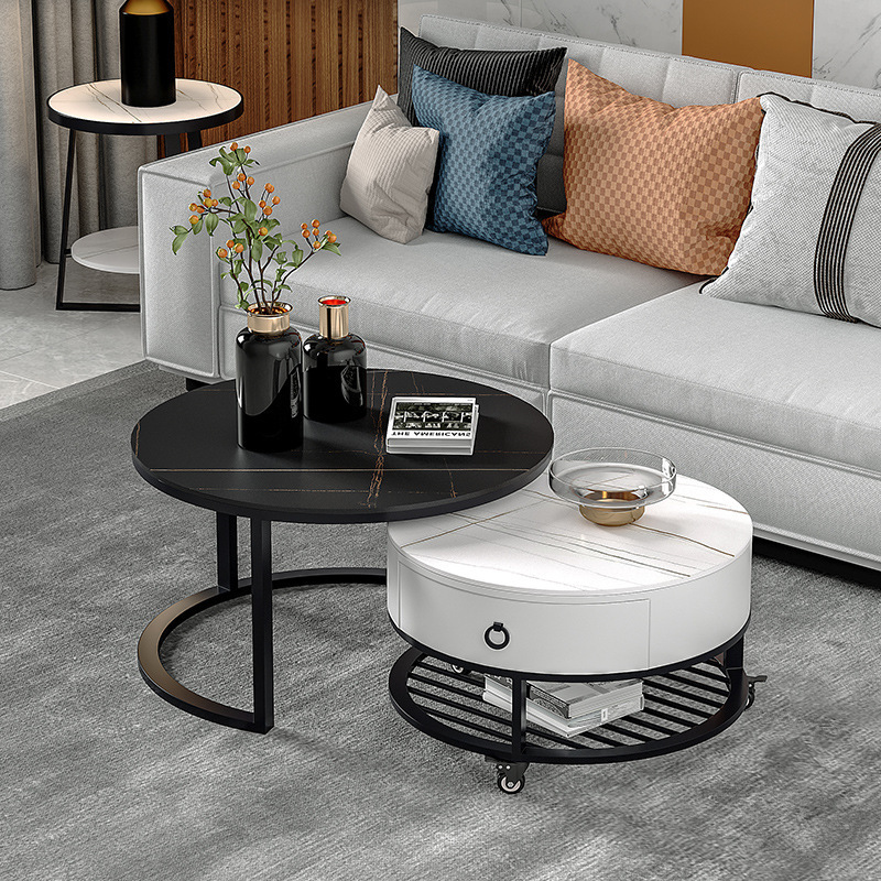 modern simple iron frame movable pulley big storage furniture luxury coffee table for living room