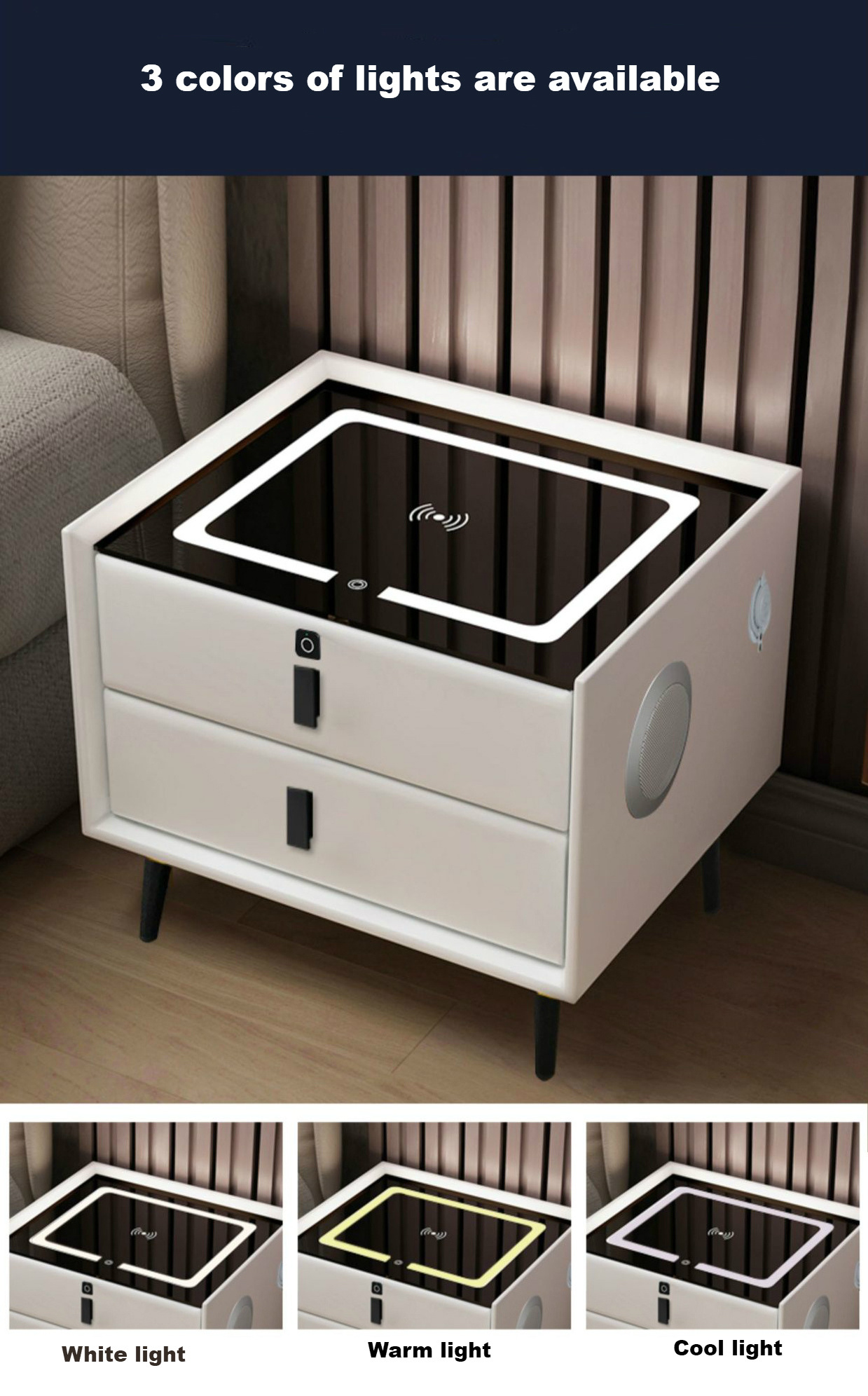 3 drawers smart nightstand bedroom furniture solid wood LED speaker white smart bedside table nightstands with wireless charging