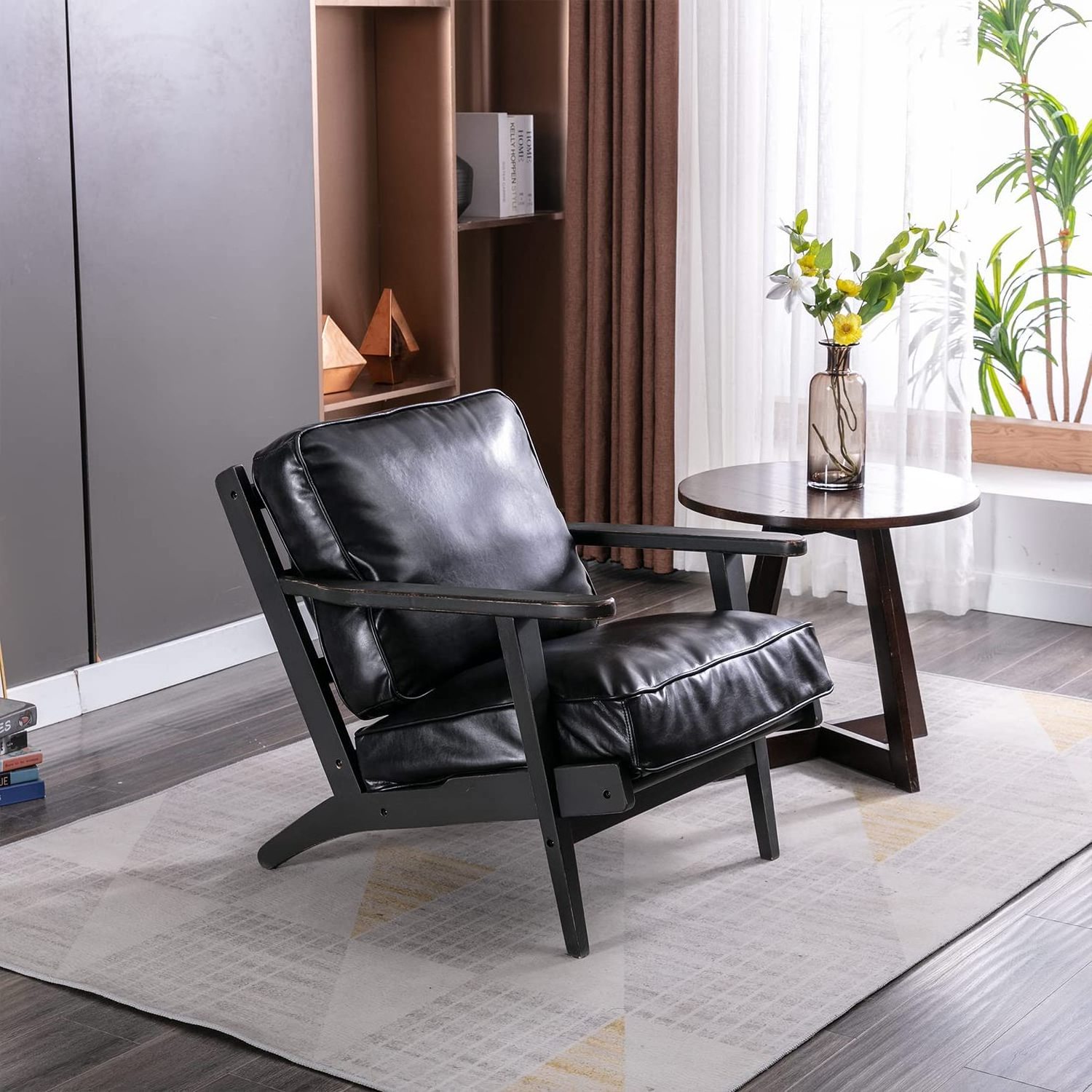 NEWSEN home furniture Solid Wood Black PU Leather Accent Chair Modern Armchair Single recliner Sofa lounge Chair for Living Room