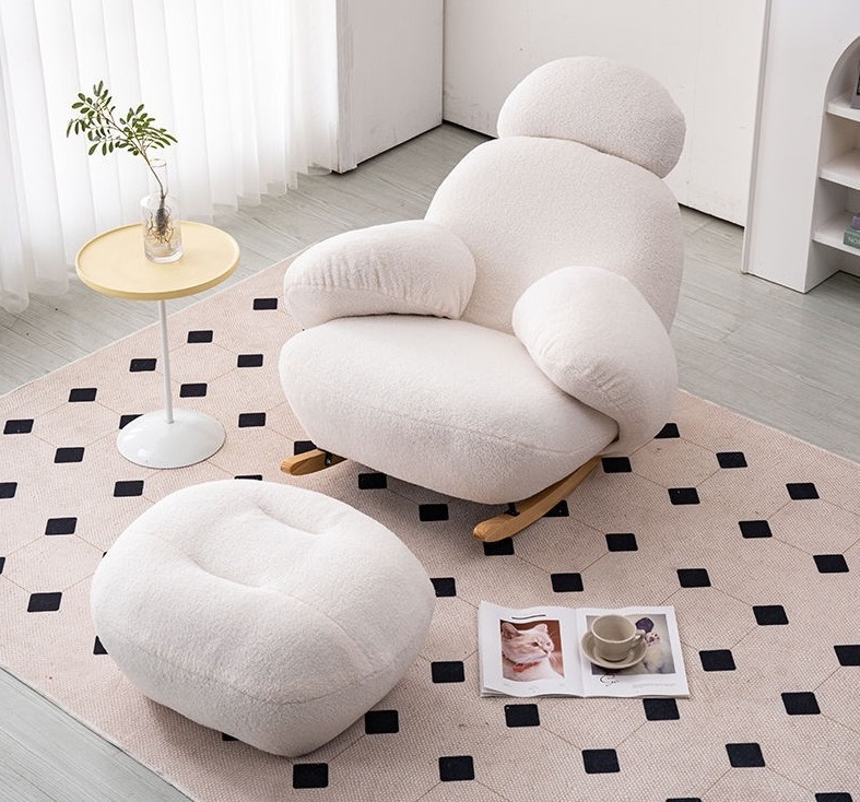 ins style cream color high quality boucle cute single sofa leisure chair rocking chair with ottoman for home