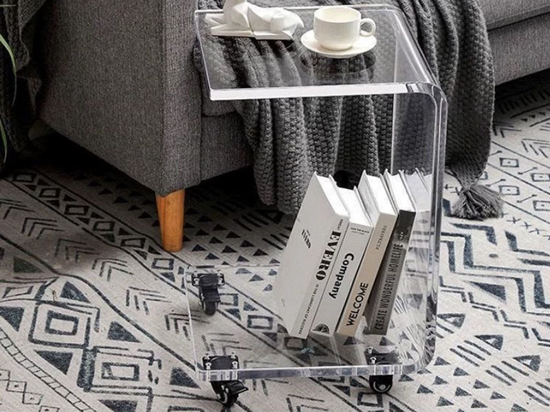 Modern Acrylic Side Movable Coffee Table With Wheels Transparent Cart