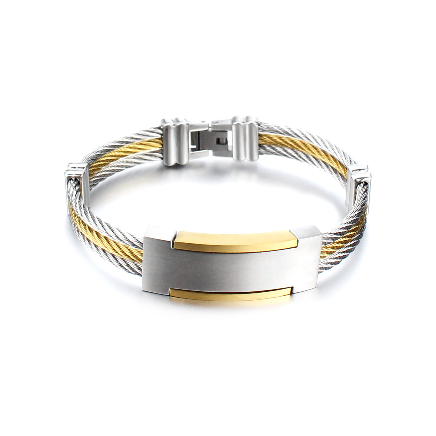 High Quality PVD Gold Plated 10mm Wide 316L Stainless Steel Wire Cuff Bangle Bracelet For Men