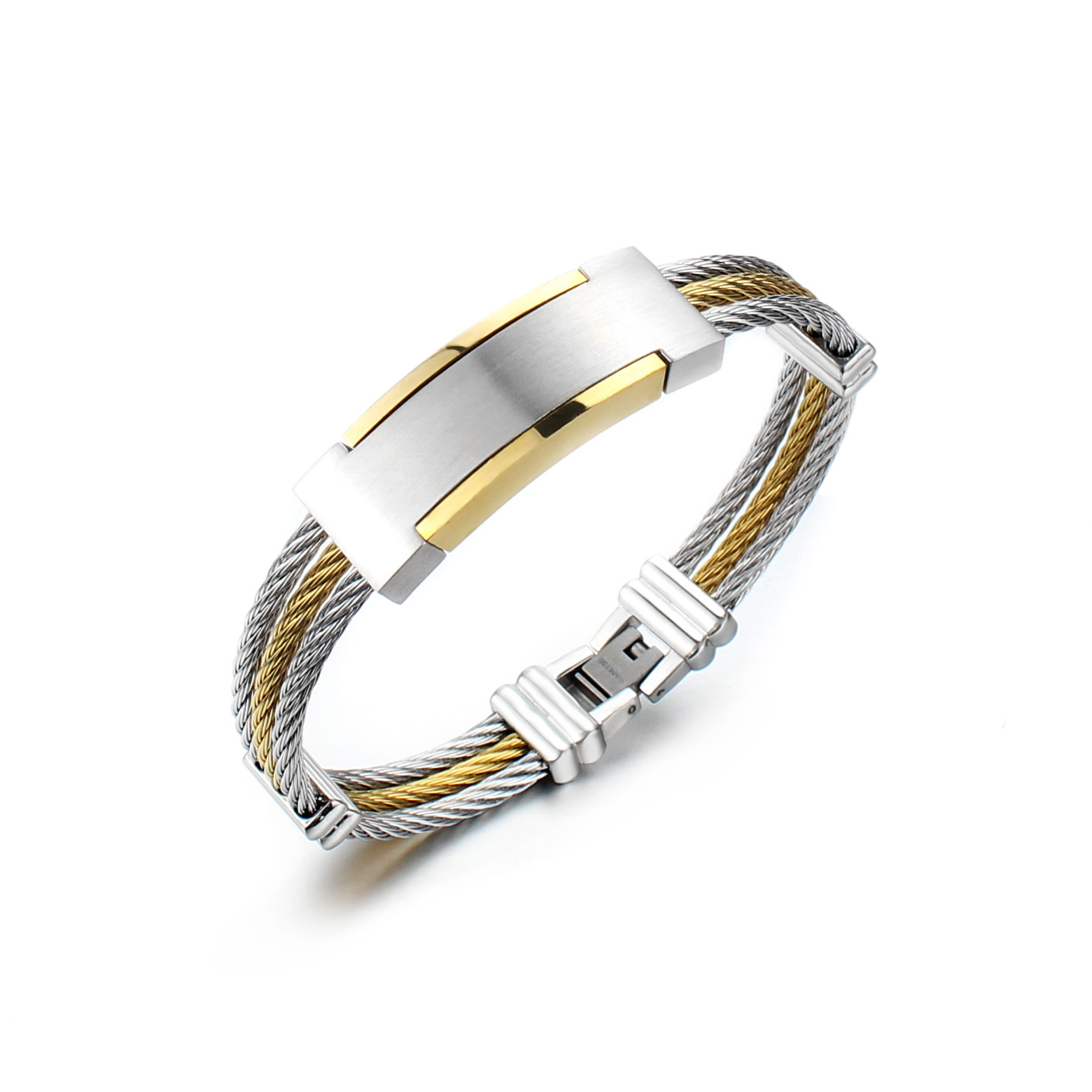 High Quality PVD Gold Plated 10mm Wide 316L Stainless Steel Wire Cuff Bangle Bracelet For Men