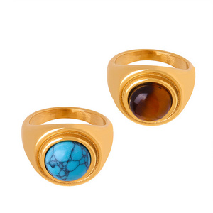 Elliptical obsidian Tiger Eye Blue Turquoise Titanium Steel 18k gold non fadingRing Retro for Girl Couple Ring