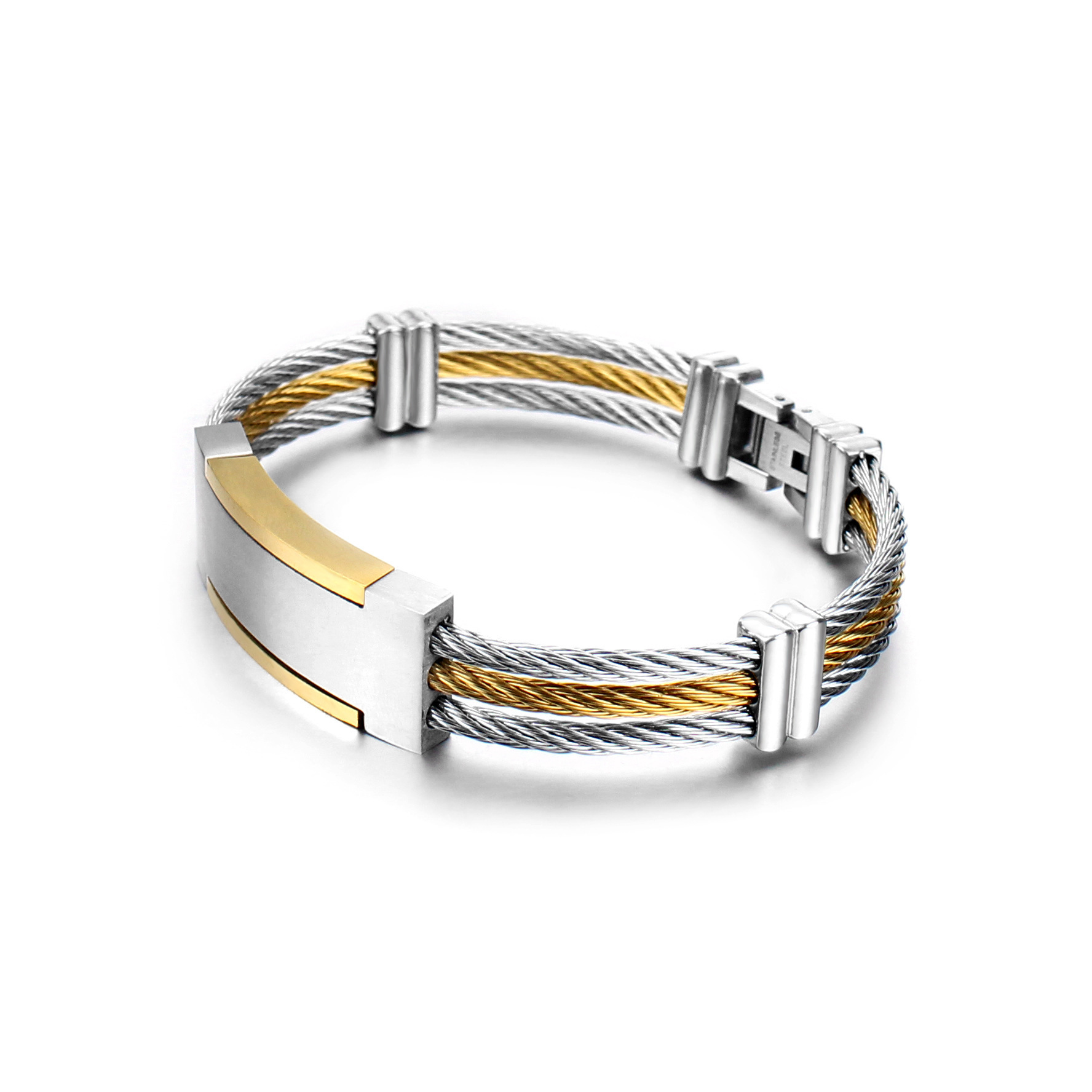 High Quality PVD Gold Plated 10mm Wide 316L Stainless Steel Wire Cuff Bangle Bracelet For Men