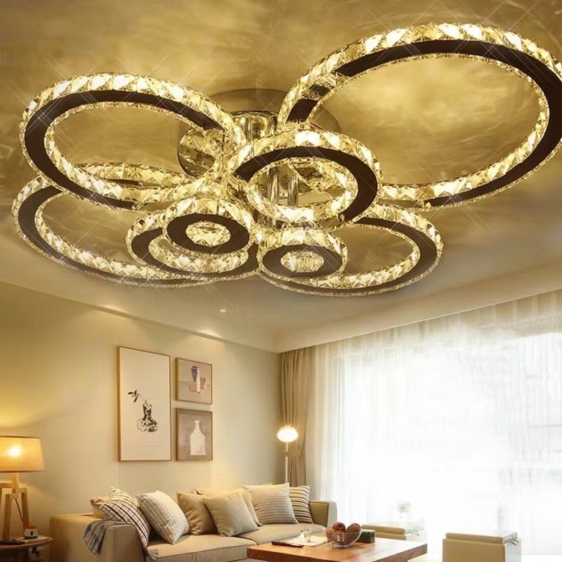 4/6/8 Heads Luxury Modern Remote Control Led Crystal Stainless Steel Chandeliers Ceiling Mount Light Fixture For Living Room