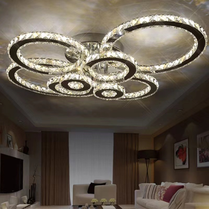 4/6/8 Heads Luxury Modern Remote Control Led Crystal Stainless Steel Chandeliers Ceiling Mount Light Fixture For Living Room