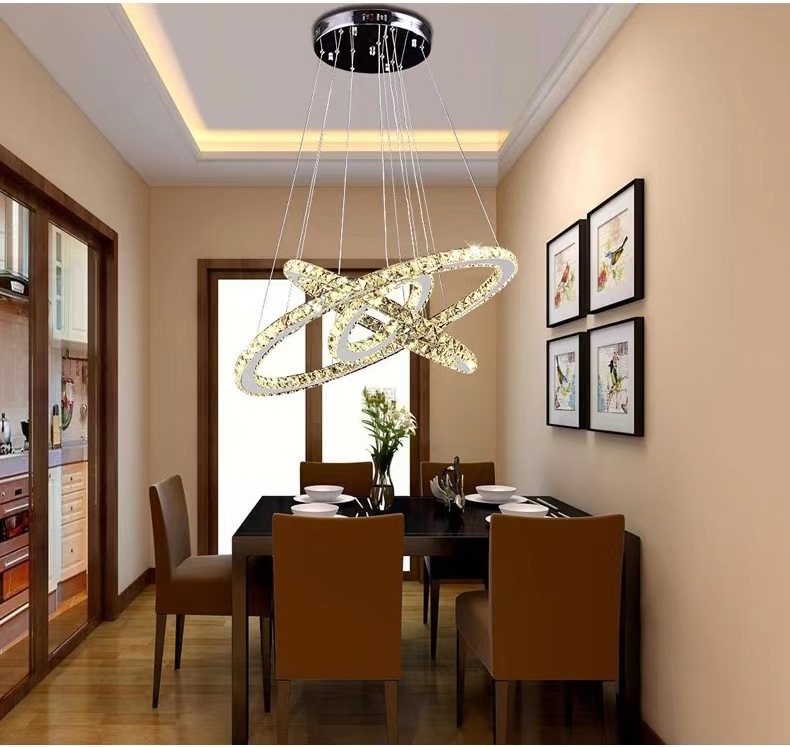 Crystal Modern Led Ceiling Fixtures Dining Room Pendant Lights Contemporary 3 Rings Adjustable Stainless Steel Chandelier